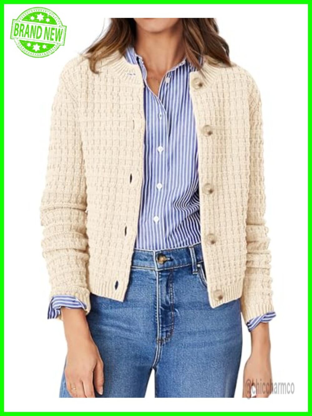Womens Cotton Button Up Cardigan Sweater Long Sleeve Crew Neck Open Front